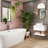 Modern bathroom with a freestanding bathtub, pink tiled wall, and plants. Multipanel Antique Rose Metro Tile Effect Wet Wall Shower Panel