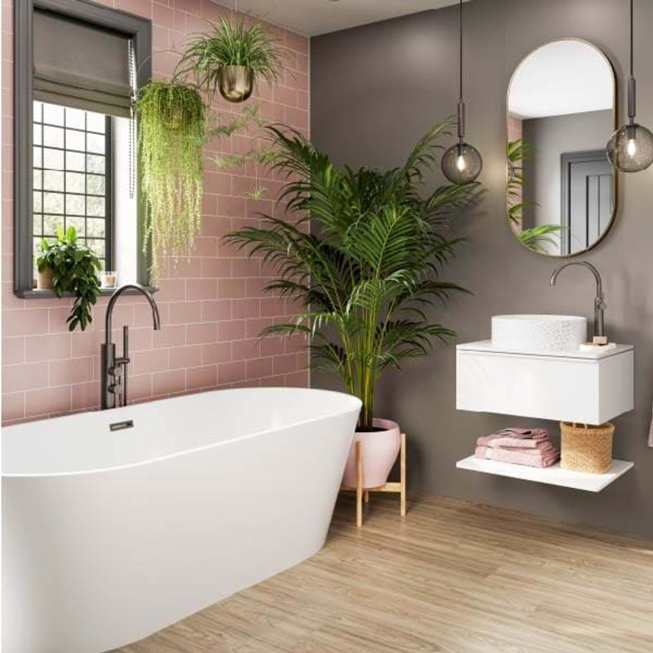 Modern bathroom with a freestanding bathtub, pink tiled wall, and plants. Multipanel Antique Rose Metro Tile Effect Wet Wall Shower Panel