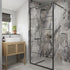 Bathroom with wooden cabinet, Multipanel Cappuccino Stone Classic Wet Wall Shower Panel white sink, and marble shower wall.
