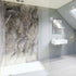 Modern bathroom with Multipanel Cappuccino Stone Classic Wet Wall Shower Panel marble wall and white sink