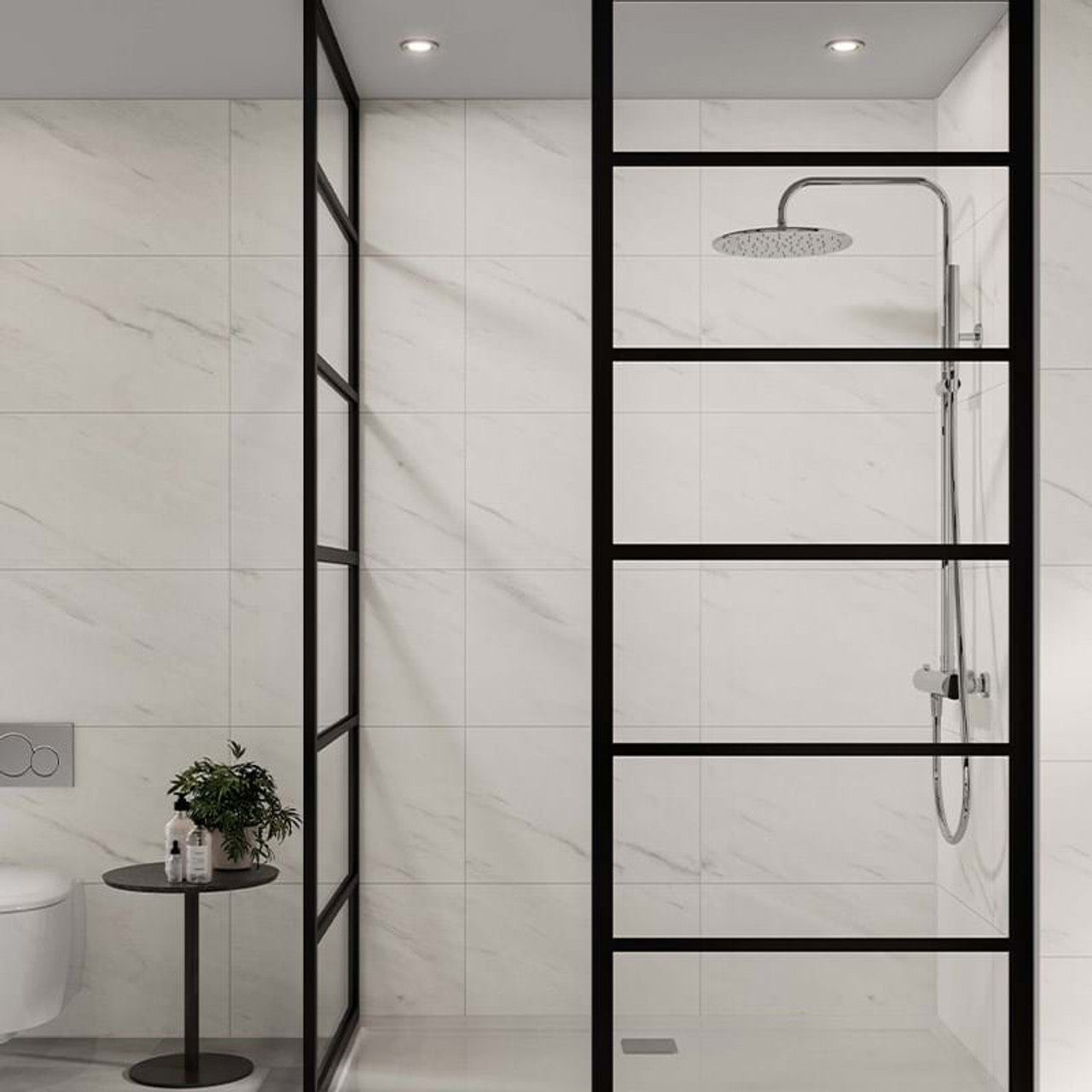 Modern bathroom with a shower enclosure and small table with plant Multipanel Levanto Marble Tile Effect Wet Wall Shower Panel