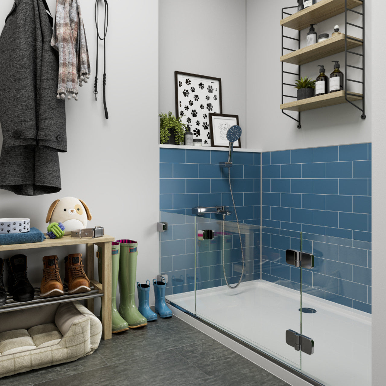 Modern bathroom with blue tiled walls, shower area, and various items on shelves. Multipanel Misty Blue Metro Tile Effect Wet Wall Shower Panel