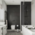 Modern bathroom with black walls, white fixtures, and grey floor. Multipanel Riven Slate Classic Wet Wall Shower Panel