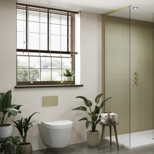 Modern bathroom with plants, a window, and a shower area. Multipanle wet wall tile effect panels. 