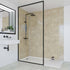 Modern bathroom with a shower enclosure, sink, and mirror. Multipanel Travertine Classic Wet Wall Shower Panel
