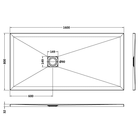 Nuie Rectangular Shower Tray 1600 x 800mm - Black Slate