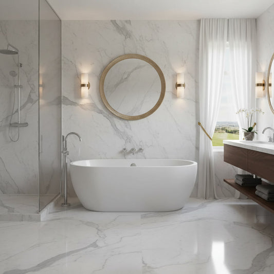 Modern bathroom with marble walls, a freestanding bathtub, and a round mirror.