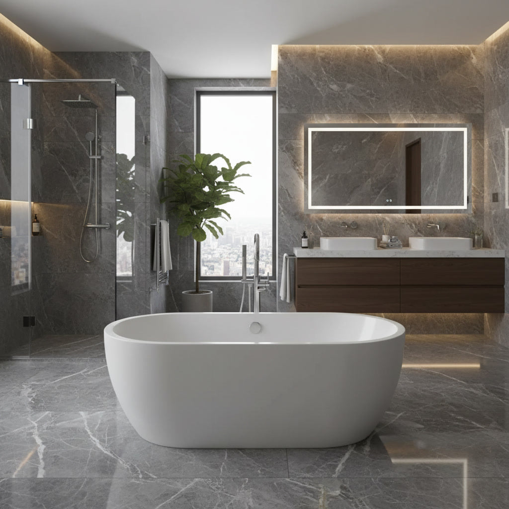 Modern bathroom with a freestanding bathtub, vanity, and shower area.