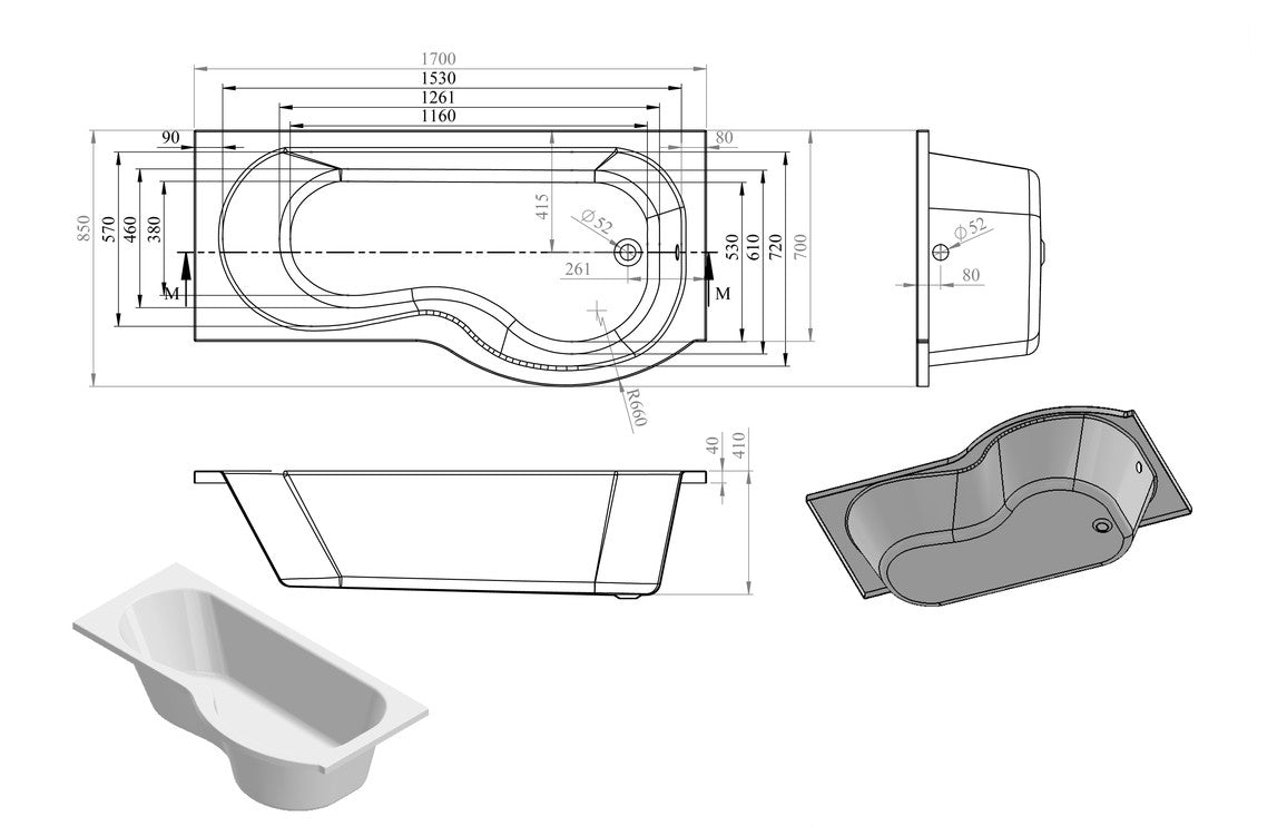 Ludo P Shape Shower Bath Pack 1700x850x560mm (RH)