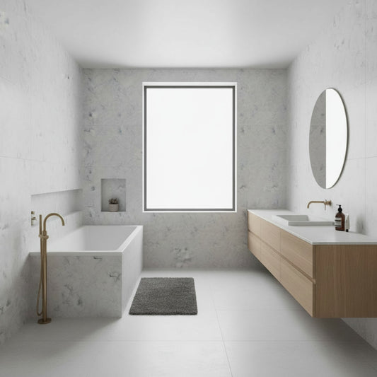Modern bathroom with onyx marble walls, a bathtub, sink, and mirror.