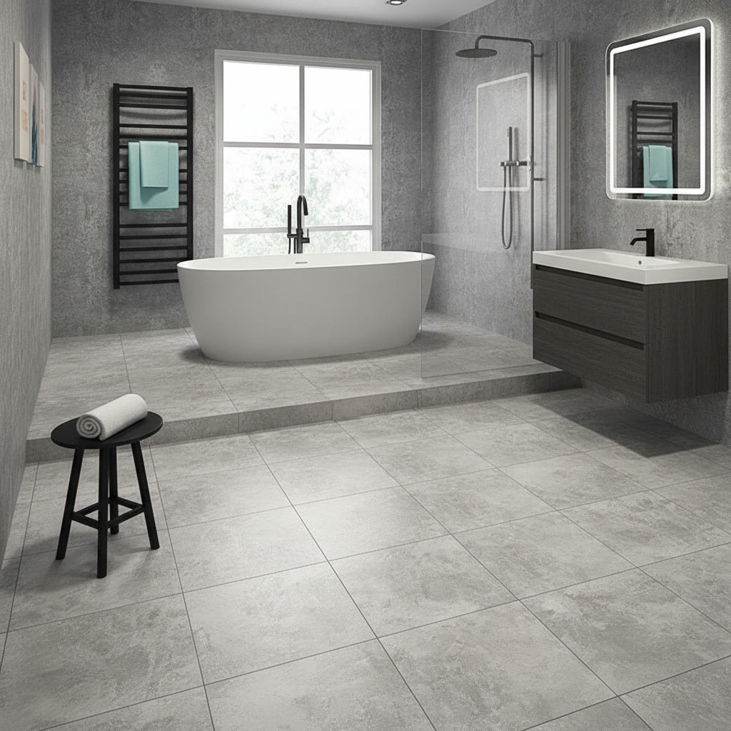 Modern bathroom with freestanding bathtub, sink, and shower area.
