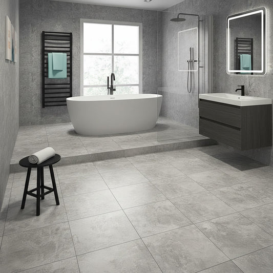 Modern bathroom with freestanding bathtub, sink, and shower area.