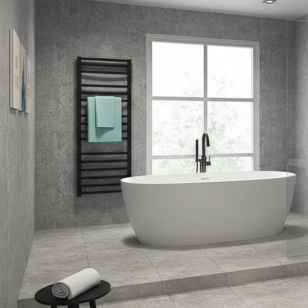 Modern bathroom with a freestanding bathtub, towel rack, and large window.