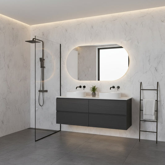 Modern bathroom with marble wall panels dark grey vanity, round mirror, and shower area.