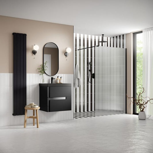 Rosa 800mm Fluted Wetroom Shower Panel & Support Bar - Black