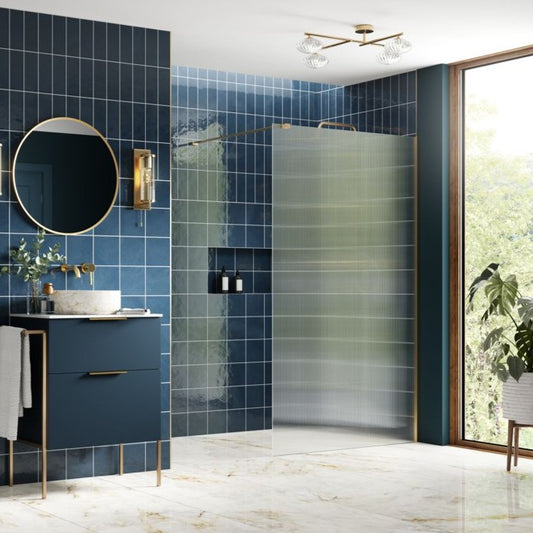 rosa 800mm fluted wetroom shower panel support bar brushed brass, Alessio, Brushed Brass, Shower Enclosures, Walk In Shower Enclosures, 1