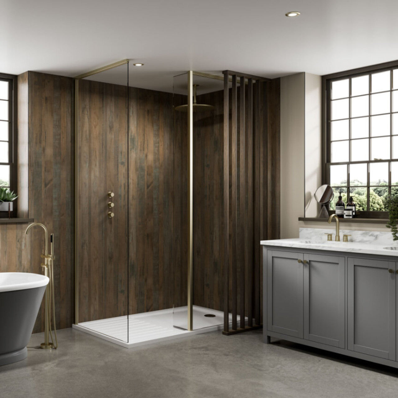 Multipanel Salvaged Planked Linda Barker Shower Panel