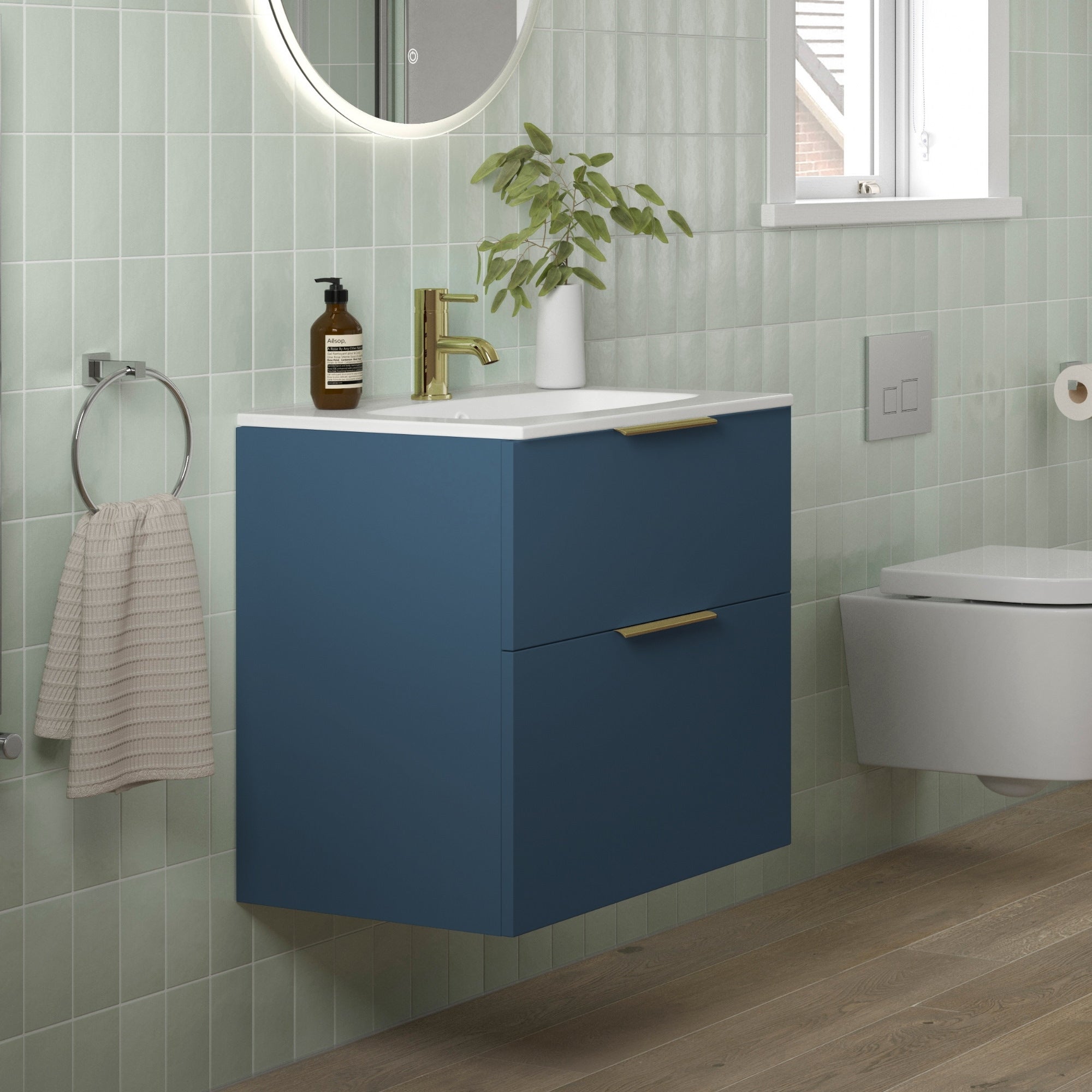 Valente 815mm Wall Hung Basin Unit & Basin - Matt Deep Blue Gold Handles