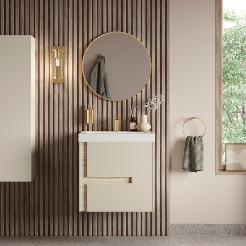 Zane 815mm Wall Hung Basin Unit & White Basin - Matt Cotton & Oak Effect Finish