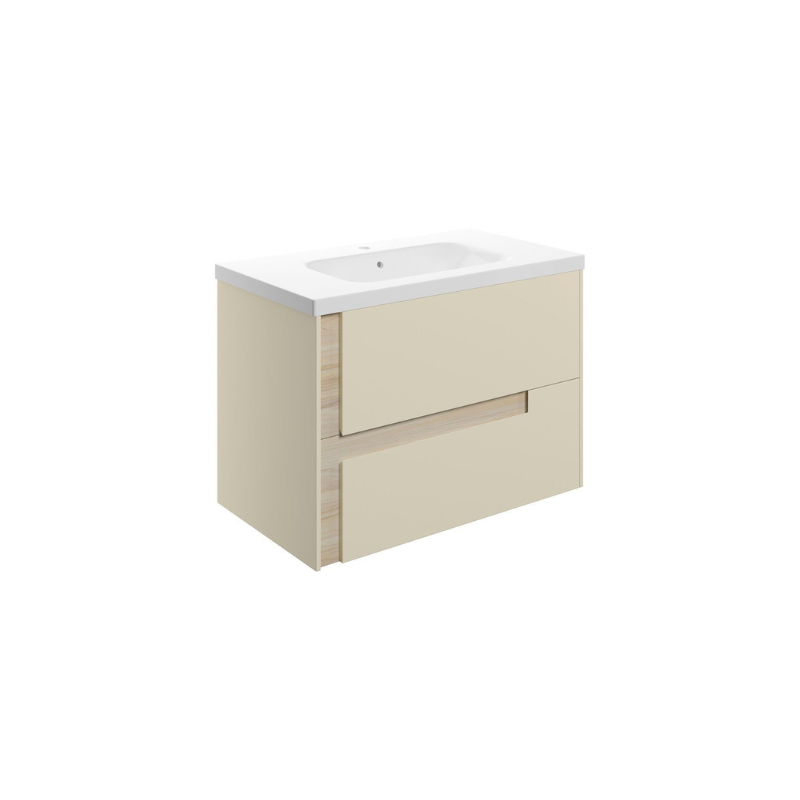 Zane 815mm Wall Hung Basin Unit & White Basin - Matt Cotton & Oak Effect Finish