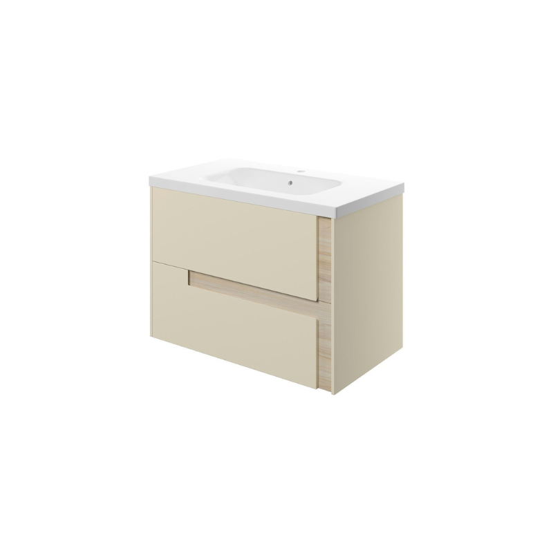 Zane 815mm Wall Hung Basin Unit & White Basin - Matt Cotton & Oak Effect Finish