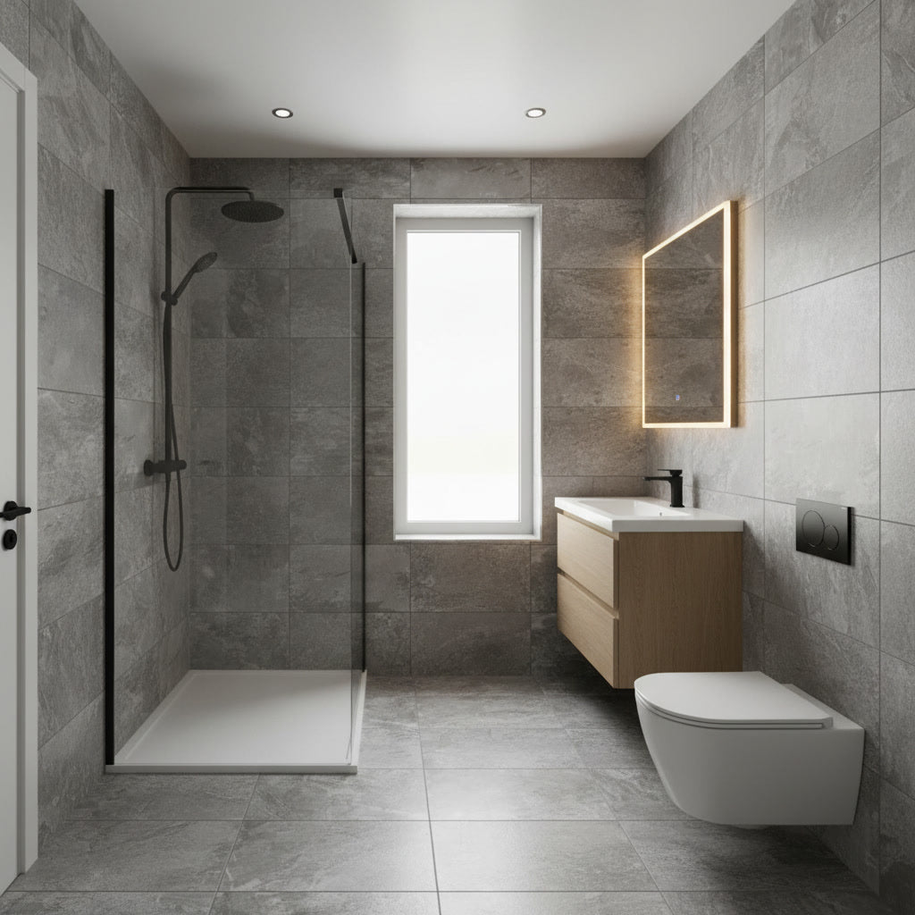 Modern bathroom interior with gray stone-look tiles, a walk-in shower with black fixtures, a white wall-mounted toilet, a light wood vanity with a white sink, and an illuminated rectangular mirror.