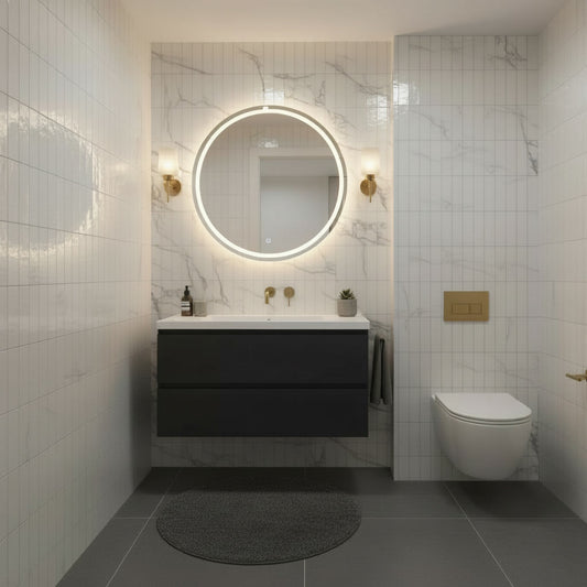 Modern bathroom interior with a floating dark vanity, illuminated round mirror, white marble-look tiled walls, wall sconces, a wall-mounted toilet, and a gray bath mat on dark floor tiles.