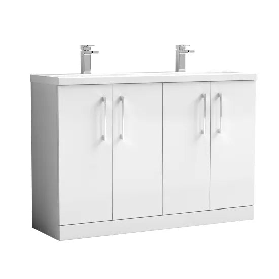 Nuie Arno 1200mm Floor Standing 4 Door Vanity Gloss White & Ceramic Double Basin