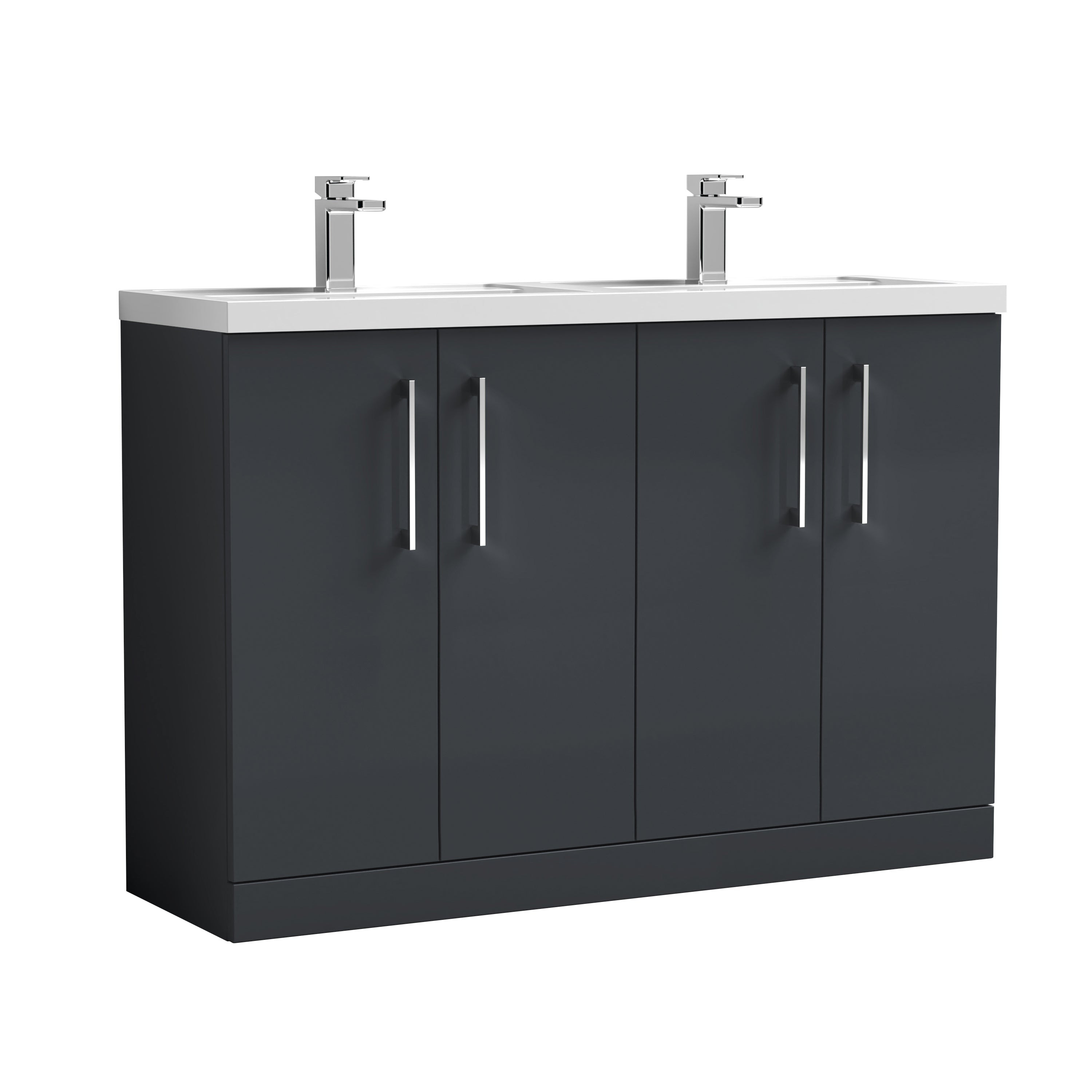 Nuie Arno 1200mm Floor Standing 4 Door Vanity Soft Black & Polymarble Double Basin