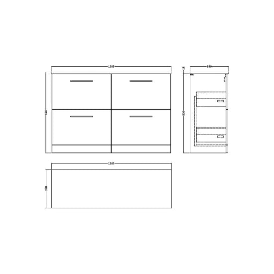 Nuie Arno 1200mm Double Floor Standing Vanity Black Woodgrain & Worktop