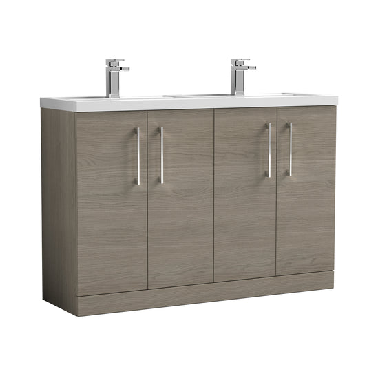 Nuie Arno 1200mm Floor Standing 4 Door Vanity Grey Vicenza Oak & Polymarble Double Basin