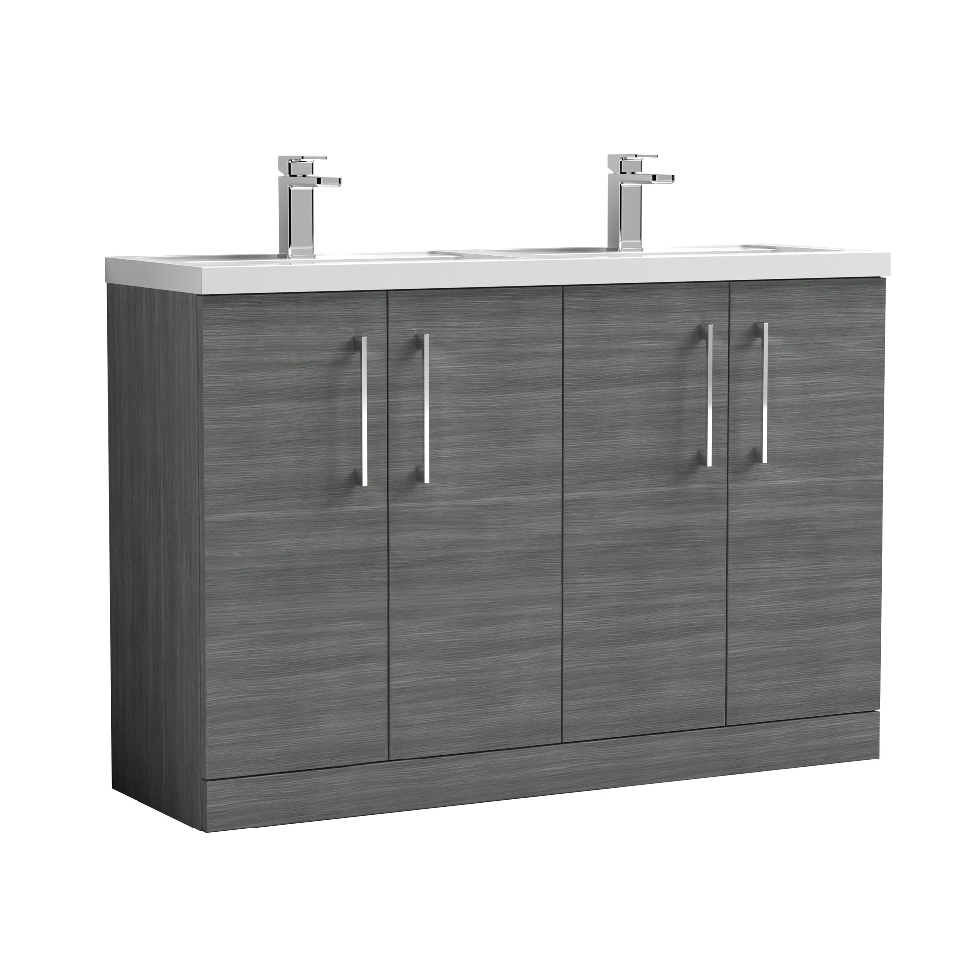 Nuie Arno 1200mm Floor Standing 4 Door Vanity Anthracite Woodgrain & Polymarble Double Basin