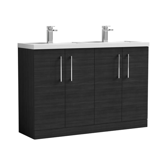 Nuie Arno 1200mm Floor Standing 4 Door Vanity Black Woodgrain & Polymarble Double Basin