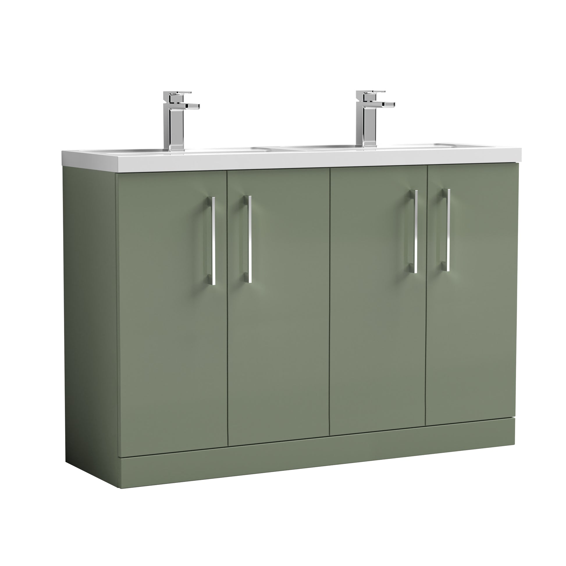 Nuie Arno 1200mm Floor Standing 4 Door Vanity Satin Green & Polymarble Double Basin