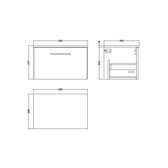 Nuie 600mm Wall Hung 1 Drawer Vanity & Worktop