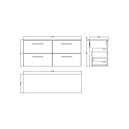 Arno 1200mm Wall Hung 4 Drawer Vanity & Worktop