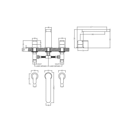 Arvan Deck Mounted 3 Tap Hole Bath Mixer Tap Chrome