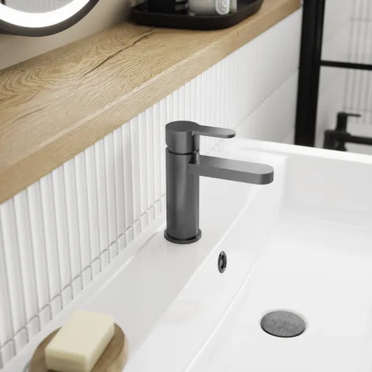 Arvan Basin Mixer Tap With Push Button Waste Brushed Pewter