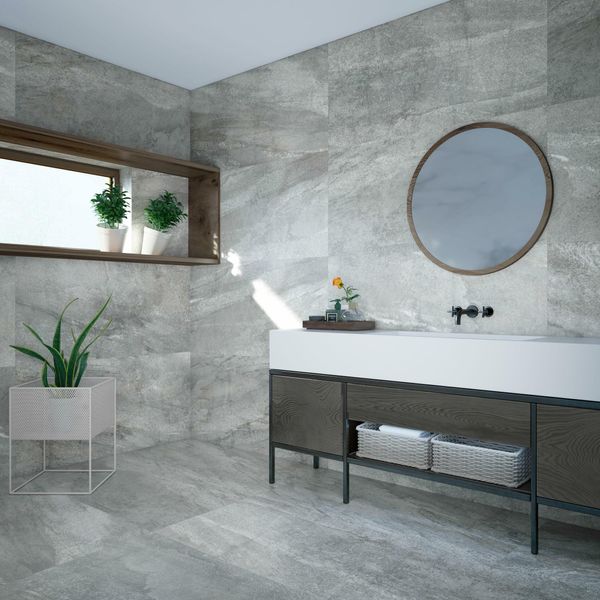 Astra Grey Matt Stone Effect Tiles, 1200x600mm, suitable for floors and walls, made of porcelain, featuring a sleek grey finish. 