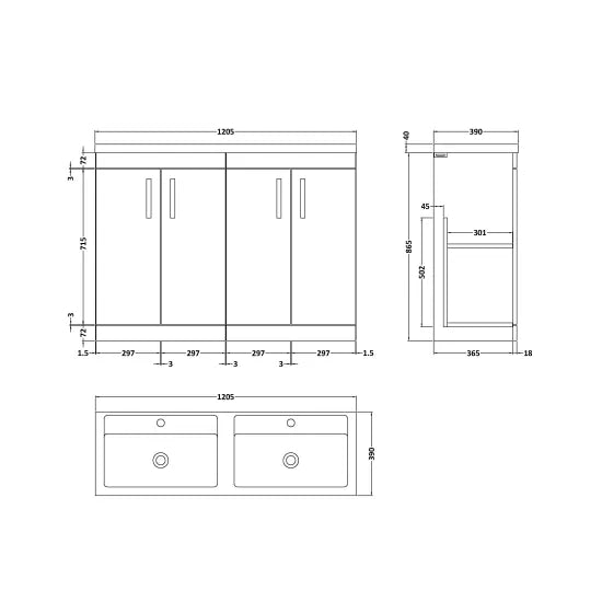 Nuie Athena 1200mm Anthracite Woodgrain Floor Standing Cabinet With Double Basin