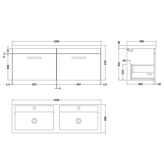 Nuie Athena 1200mm Anthracite Woodgrain Wall Hung Cabinet With Double Basin