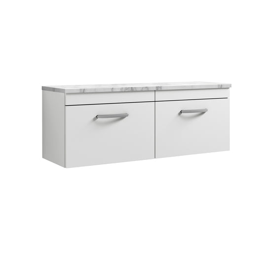 Nuie Athena Gloss White 1200 Wall Hung Double Unit & Laminate Worktop Matt Carrera Marble