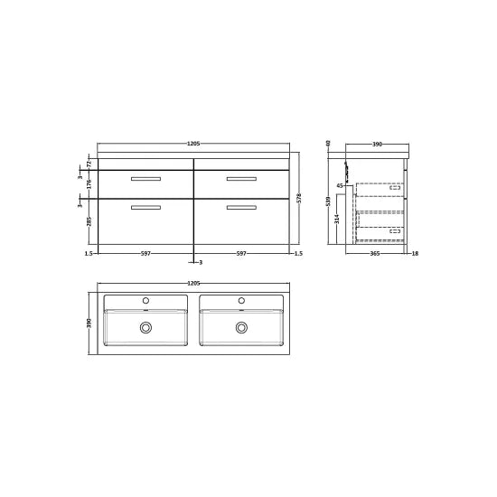 Nuie Athena 1200mm Gloss White Wall Hung Cabinet With Double Basin