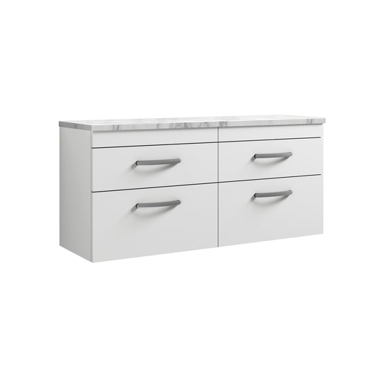 Nuie Athena Gloss White 1200 Wall Hung Double Unit & Laminate Worktop Matt Carrera Marble