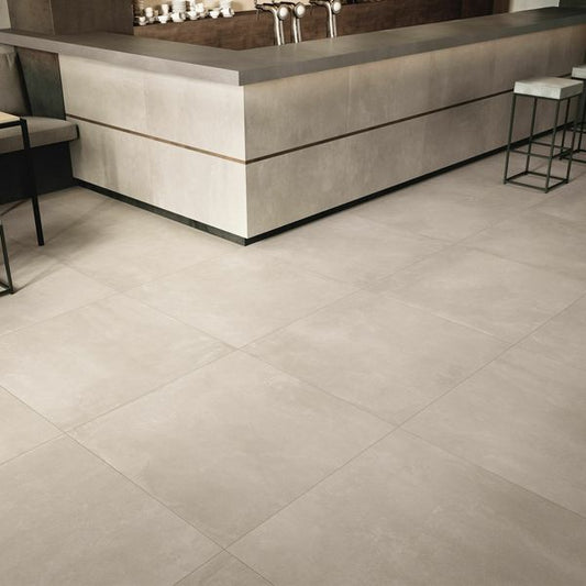 azuma Beige tiles in a kitchen setting with a bar counter.