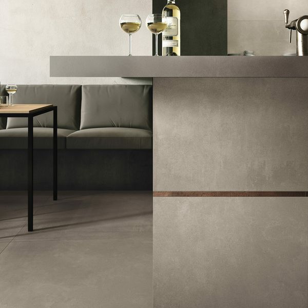 Modern kitchen with azuma gray tiles and a counter
