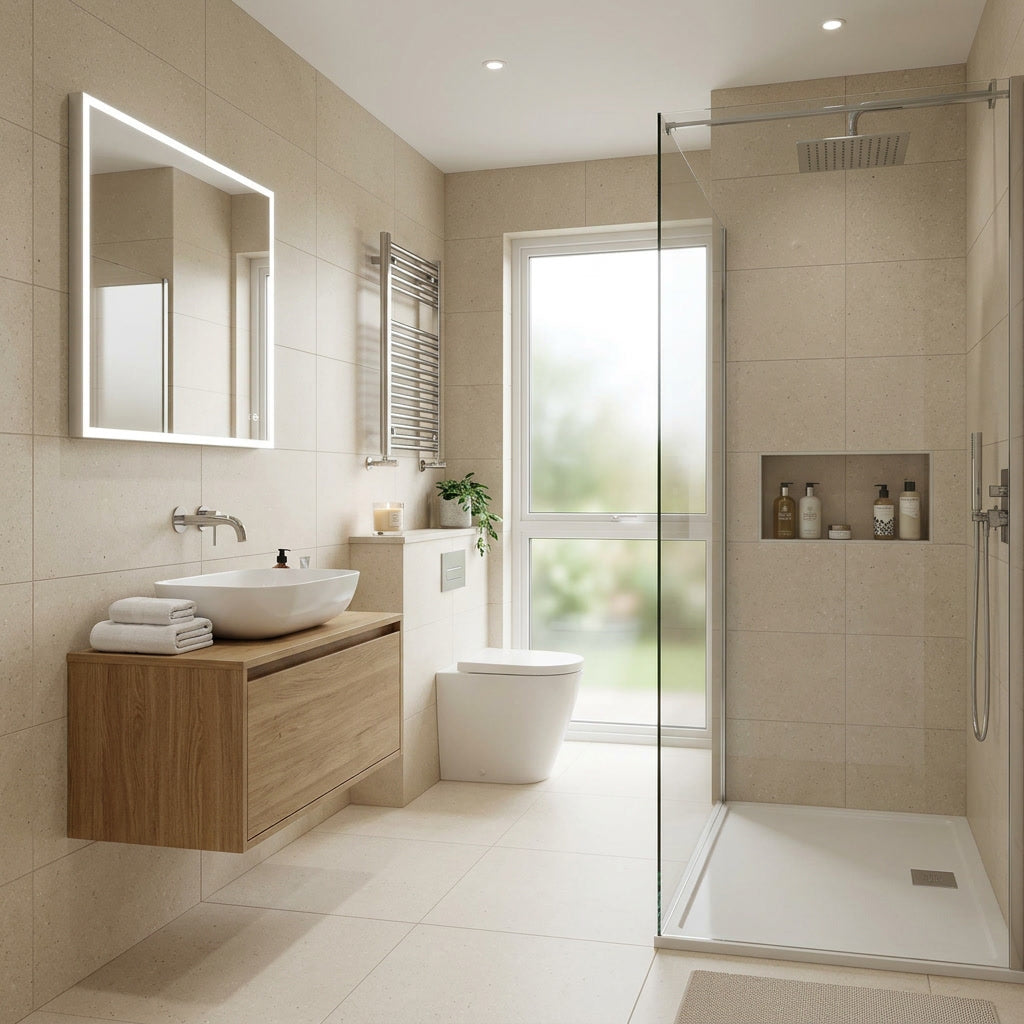 Modern bathroom with wooden vanity, sink, and shower area.