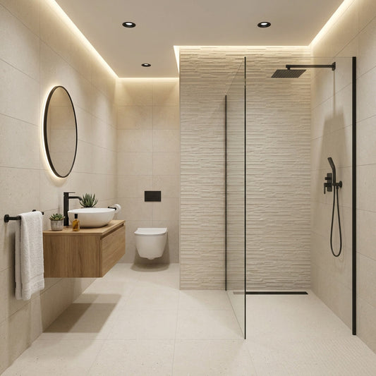 Modern bathroom with shower, sink, and toilet in neutral tones.