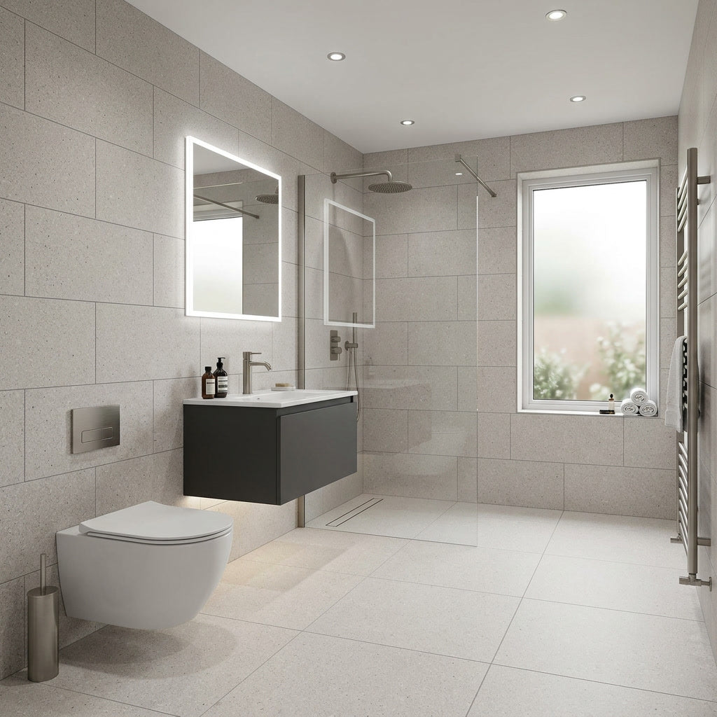 Modern bathroom with tiled walls, a sink, and a toilet.