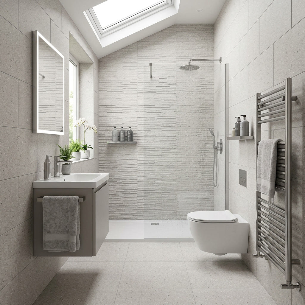 Modern bathroom with gray tiles, a shower, sink, and toilet.